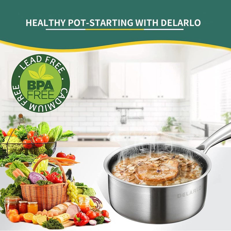 DELARLO DELALRO Full Clad Tri-Ply Stainless Steel Sauce Pan 2.5QT  All Stove Safe 600?(Lids 300?)  Medium Sauce Pan with Lid  Non Stick Sauce Pan  Fast & Even Heat  Steel Pot with Lid  Energy Saving 2-1/2 QT - Image 5